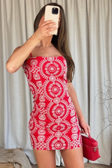 Olivia red & white embroidered mini dress