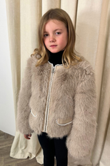Mini Charlotte beige pearl trim faux fur coat