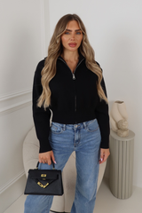 MANDY BLACK  FULL ZIP RIBBED HIGH NECK FLEECE