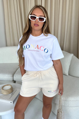 Monaco White Embroidered T-Shirt And Ecru Short Co-Ord Loungewear