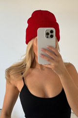 Konnie Red Knit Beanie Hat Accessories