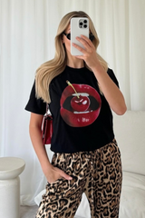 Cherry lips black printed t-shirt