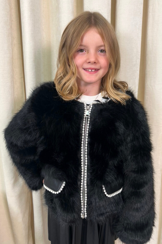 Mini Charlotte black pearl trim faux fur coat