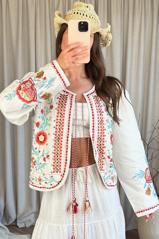 Aurora white embellished tie front jacket