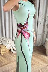 Miley pistachio floral printed fitted maxi dress