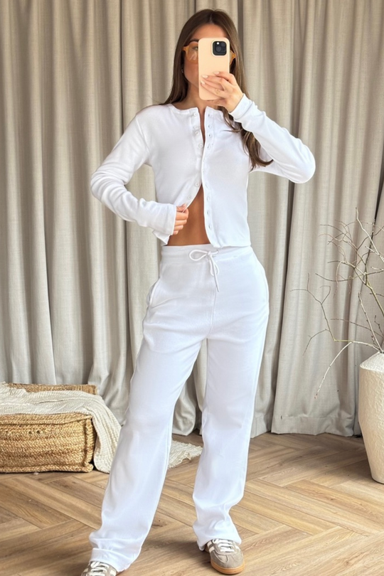 Alba white ribbed button through top & wide leg trousers