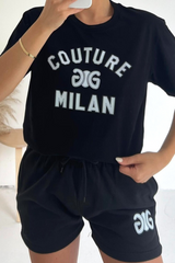 Couture Milan Black Printed Premium Short Tee Coord Co Ord
