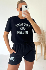 Couture Milan Black Printed Premium Short Tee Coord Co Ord