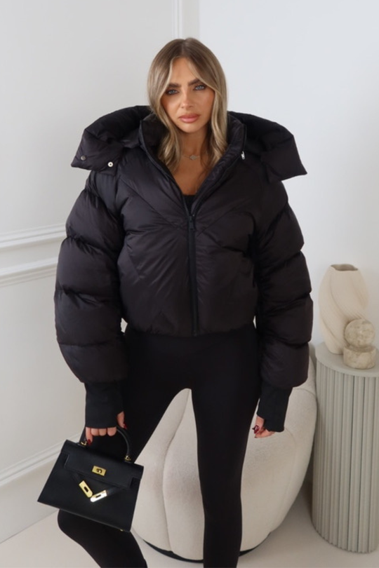 MIA BLACK CROPPED PUFFER JACKET WITH DETACHABLE HOOD