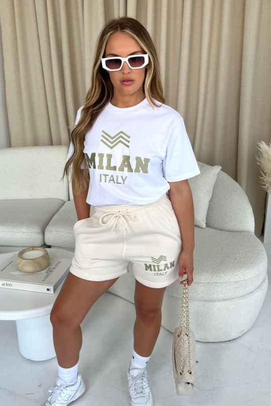 Milan Italy white Embroidered T-shirt And Ecru Short Co-ord