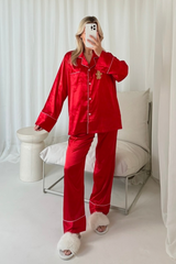 Gingerbread embroidered red satin pyjamas