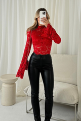 Estelle red lace flared sleeve crop top