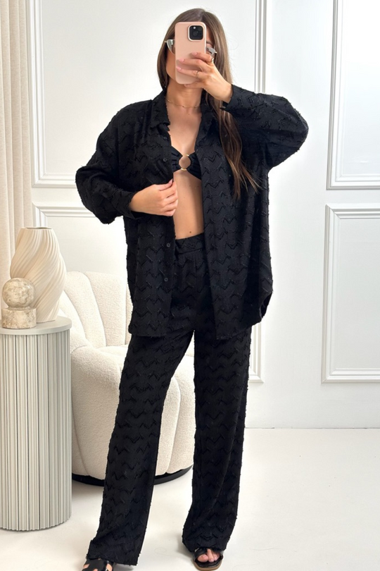 Mila black satin shirt and trousers co-ord