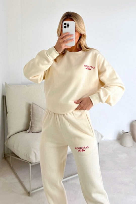 new york ecru embroidered sweater joggers premium loungewear
