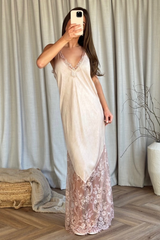 Tiah baby pink satin lace trim maxi dress