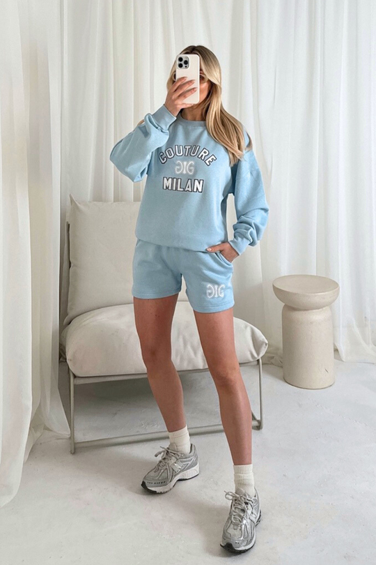 Couture Milan baby blue printed sweater shorts loungewear