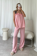 Savannah pink leopard ruffle shoulder vest trouser co ord