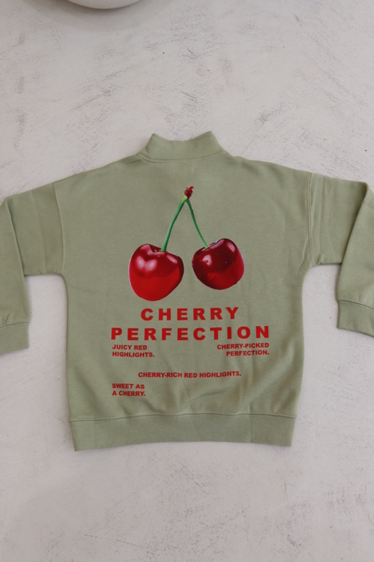 Mini cherry perfection sage printed 3/4 zip sweater