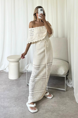 Amie beige crochet off shoulder maxi dress