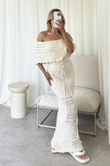 Amie beige crochet off shoulder maxi dress