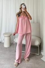 Savannah pink leopard ruffle shoulder vest trouser co ord