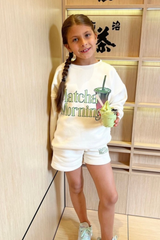 Mini matcha morning ecru printed sweater shorts loungewear