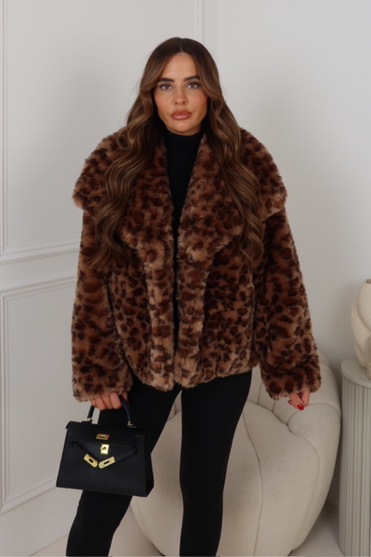 FLOYDA CARAMEL LEOPARD FAUX FUR JACKET