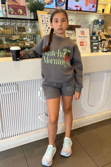 Mini matcha morning steel grey printed sweater shorts loungewear
