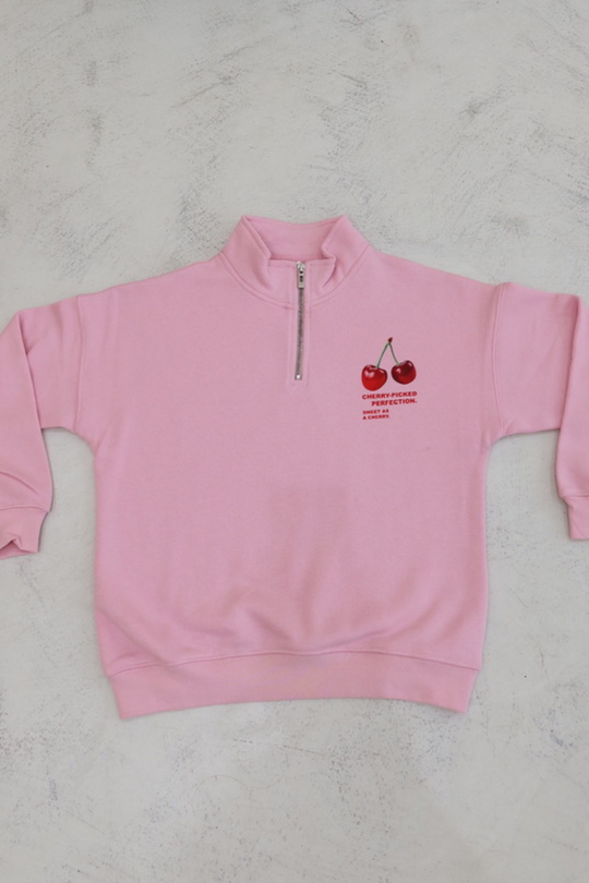 Mini cherry perfection baby pink printed 3/4 zip sweater