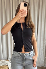Dhalia black ribbed button up vest
