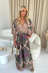 Karina Khaki & Mocha Tie Waist Jumpsuit