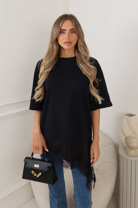 SADIE BLACK SATIN LACE TRIM T-SHIRT