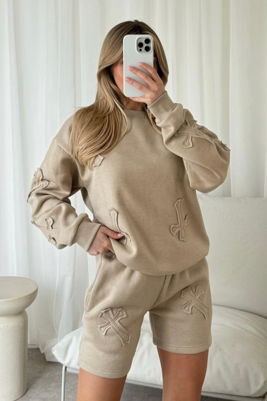 Sasha stone cross applique sweater shorts