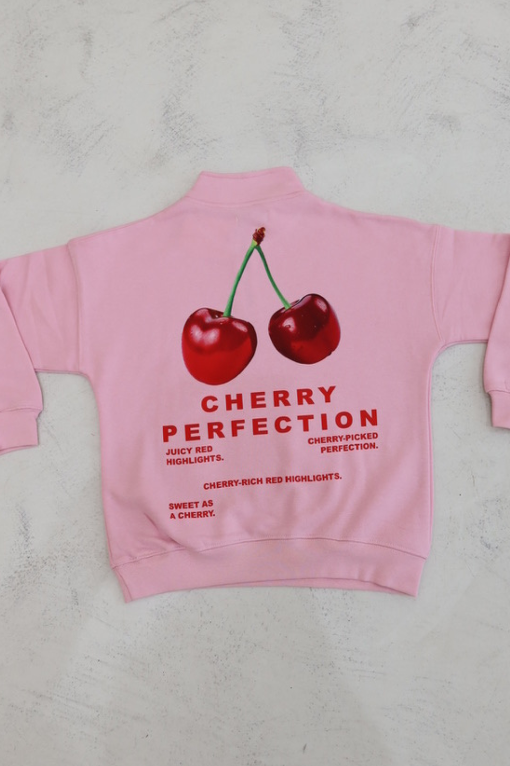 Mini cherry perfection baby pink printed 3/4 zip sweater – Glamify Mini cherry perfection baby pink printed 3/4 zip sweater – Glamify