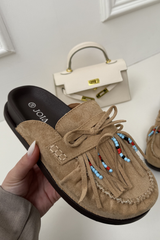ORLANDA BEIGE FAUX SUEDE BEADED TASSLE MULE