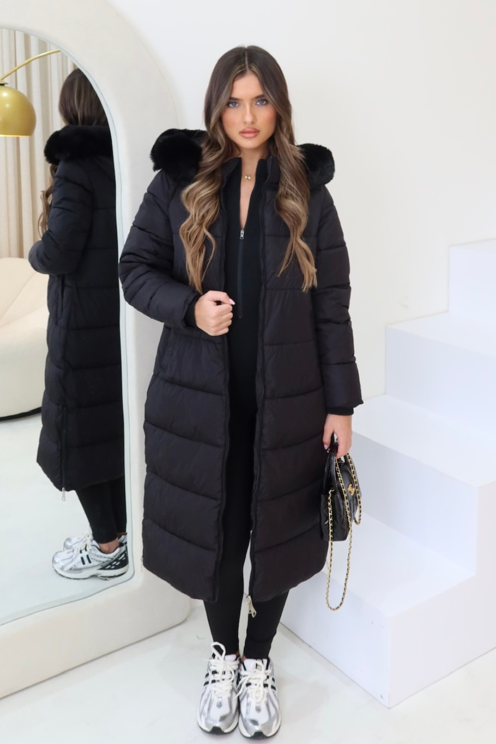 Adele black long faux fur hooded puffer coat – Glamify Famous For