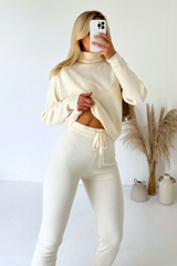 Rosy Cream Polo Neck Knitted Loungewear Set Loungewear Cash N Carry