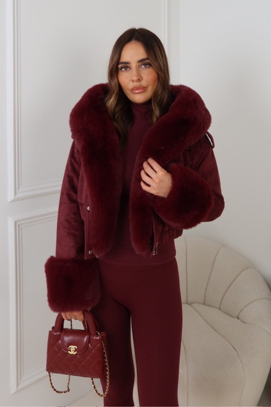SILAS BURGUNDY FAUX SUEDE CROPPED FAUX FUR CUFF & HOODED JACKET