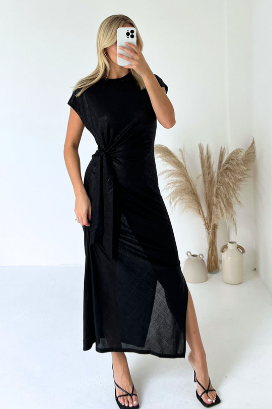 Vivian black metallic side tie midi dress