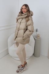CARMILLA TAUPE HIGH COLLAR SHINE FINISH HOODED PUFFER COAT
