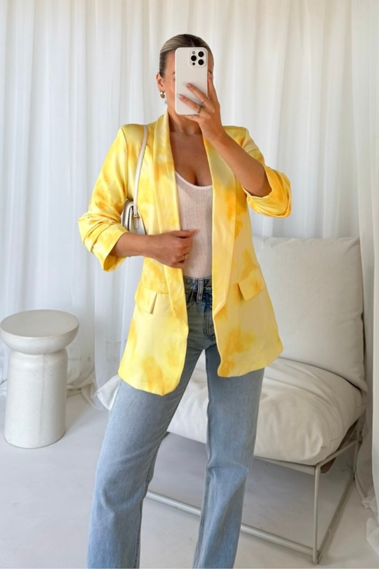 Vivienne yellow tie dye ruched sleeve blazer