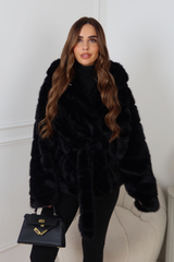 MARKIE BLACK BELTED FAUX FUR HOODED COAT