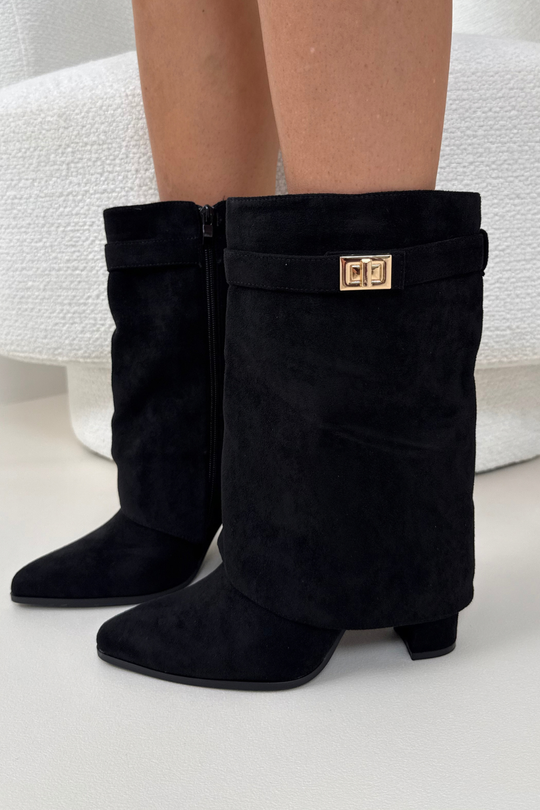 IMARA BLACK FAUX SUEDE FOLD OVER BOOTS