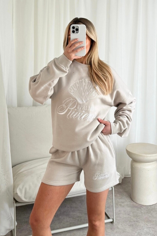 Italian Riviera bone shell embroidered sweater shorts loungewear