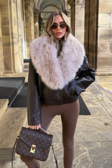 LUCINDER CHOCOLATE LEATHER JACKET WITH FUR COLLAR