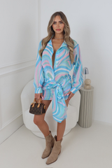 LORI BABY BLUE RETRO SWIRL PRINT SHIRT & SARONG CO ORD