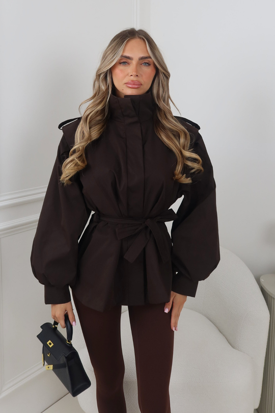 MILA CHOCOLATE HIGH NECK BUTTON UP TIE WAIST JACKET