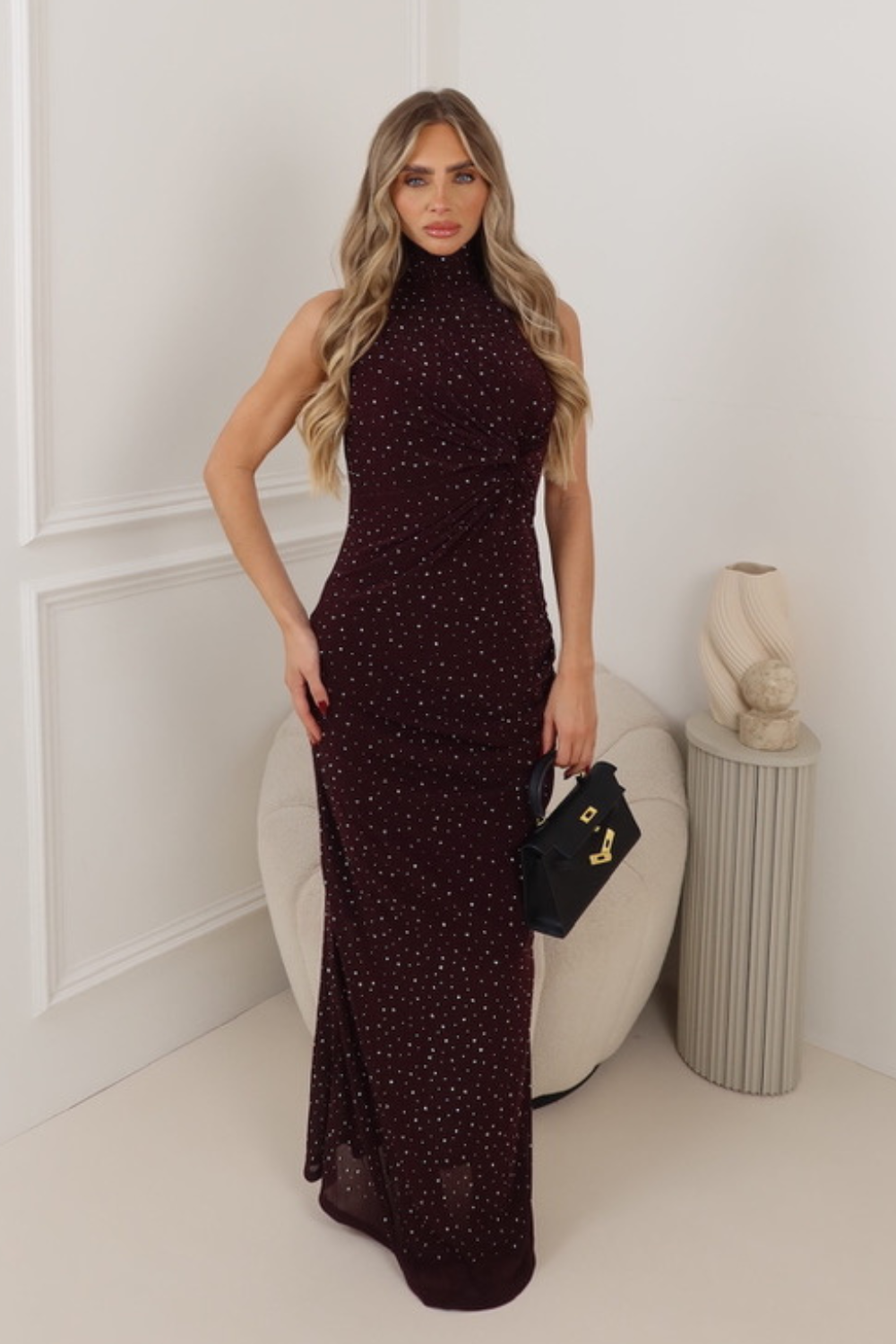slim fit dress slacks Harriet Halter Neck Diamante Maxi Dress / Sandy Gold | Meshki main image 0