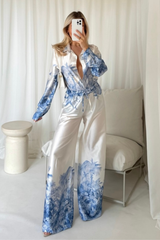 Charlie blue & cream tropical satin shirt and trouser co-ord One Size (6-14) Loungewear cash n carry