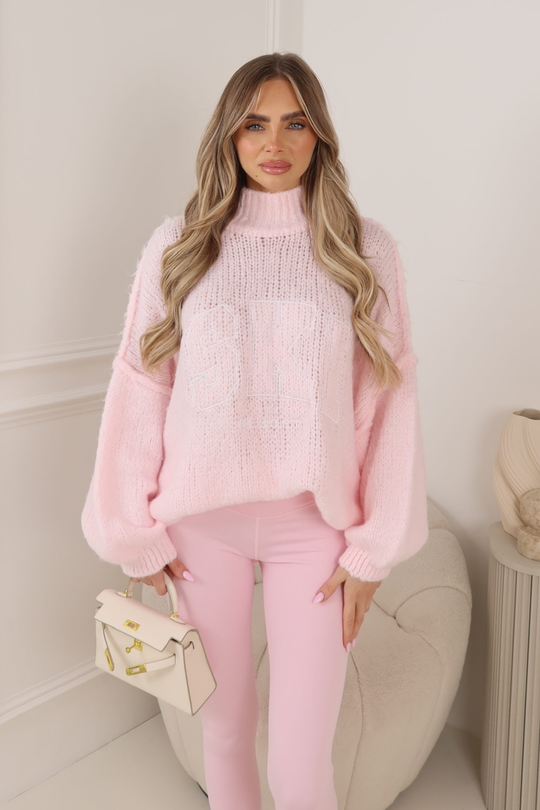 ADELAIDE SKI EMBROIDERED BABY PINK OVERSIZED KNIT JUMPER